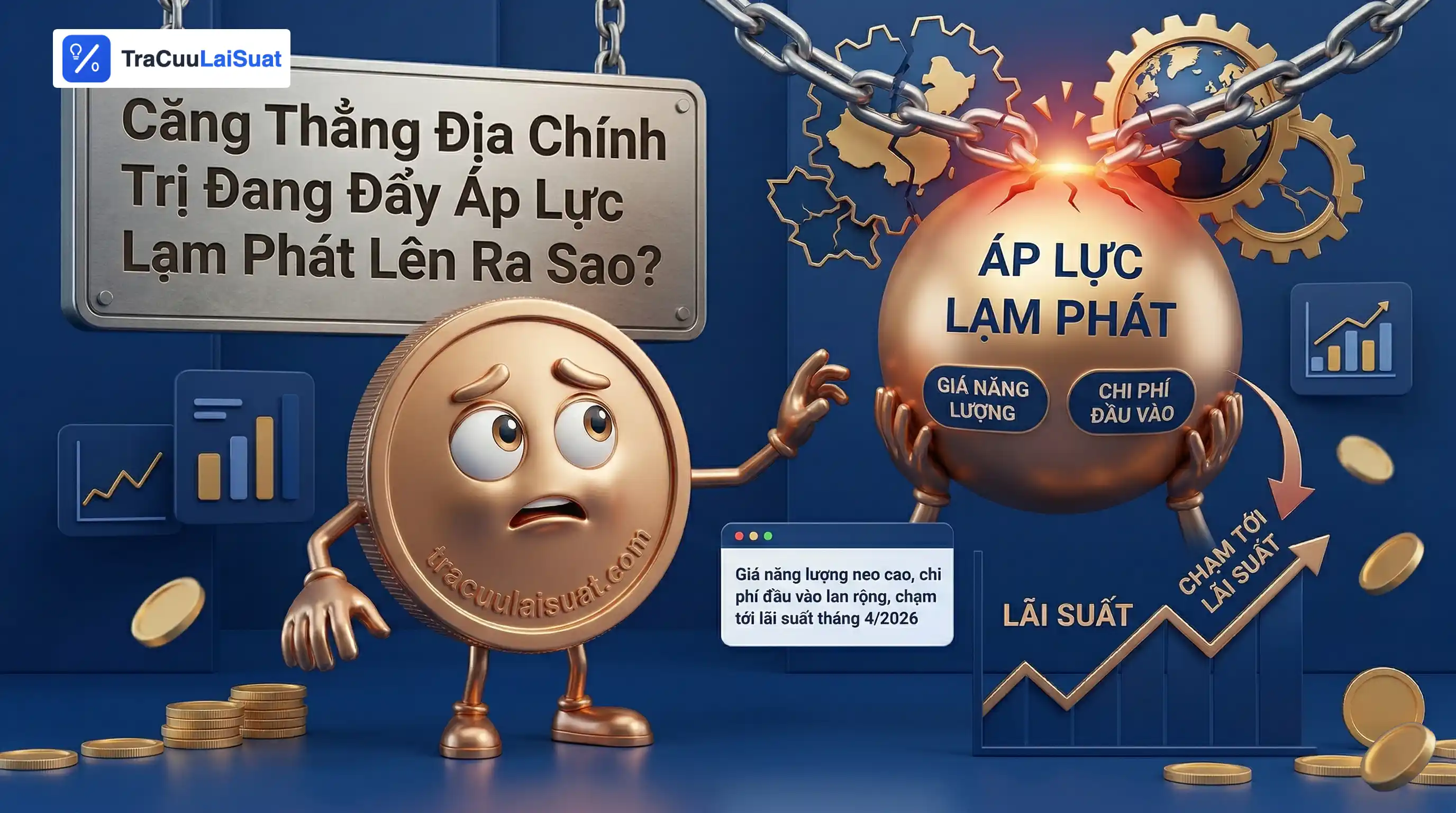 Biểu đồ và hình minh họa cho áp lực lạm phát do căng thẳng địa chính trị và giá năng lượng